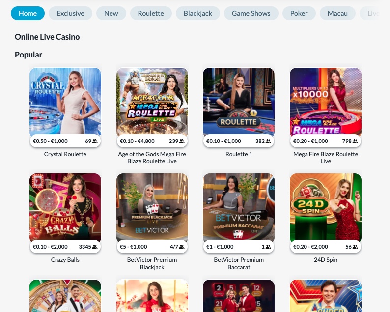 BetVictor live casino with roulette, blackjack, game shows, and BetVictor Premium tables