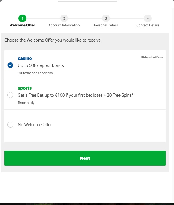 Betway registration page showing casino welcome bonus up to 50€ and sports free bet up to €100