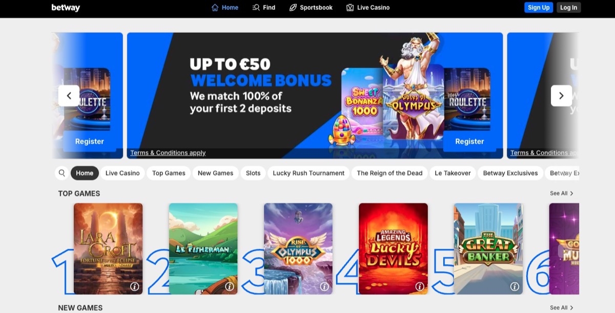 Betway homepage showing the Up to €50 Welcome Bonus with 100% match on first 2 deposits