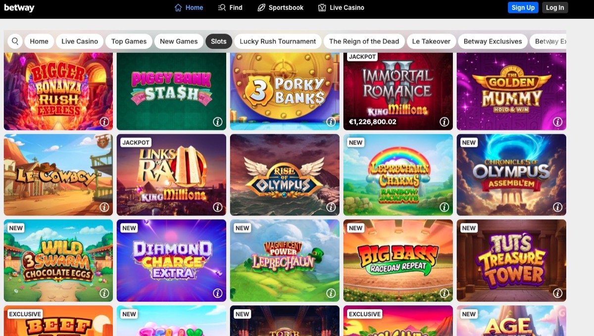 Betway slots page featuring Lucky Rush Tournament and jackpot slots