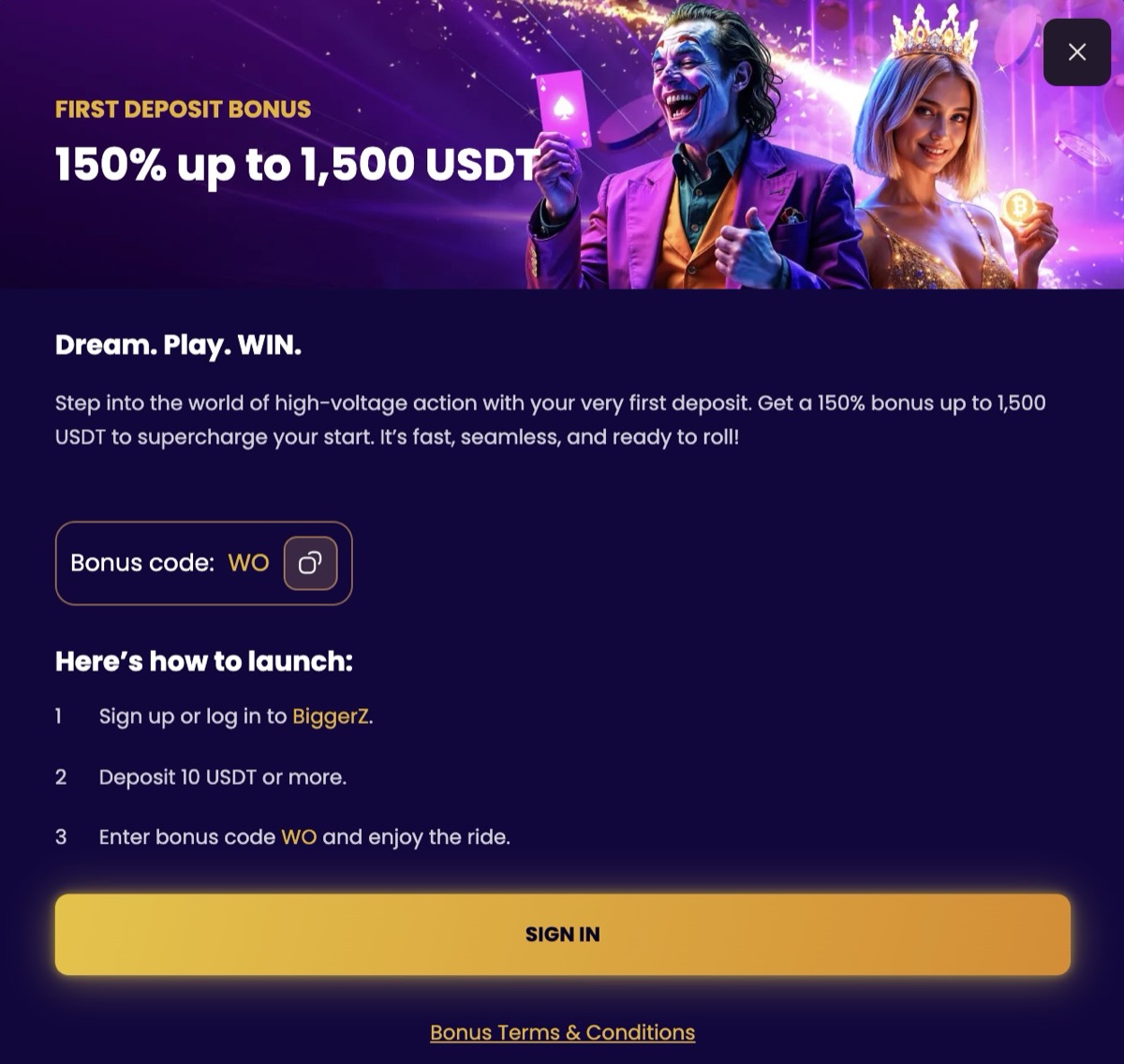 BiggerZ first deposit bonus details showing 150% match up to 1,500 USDT