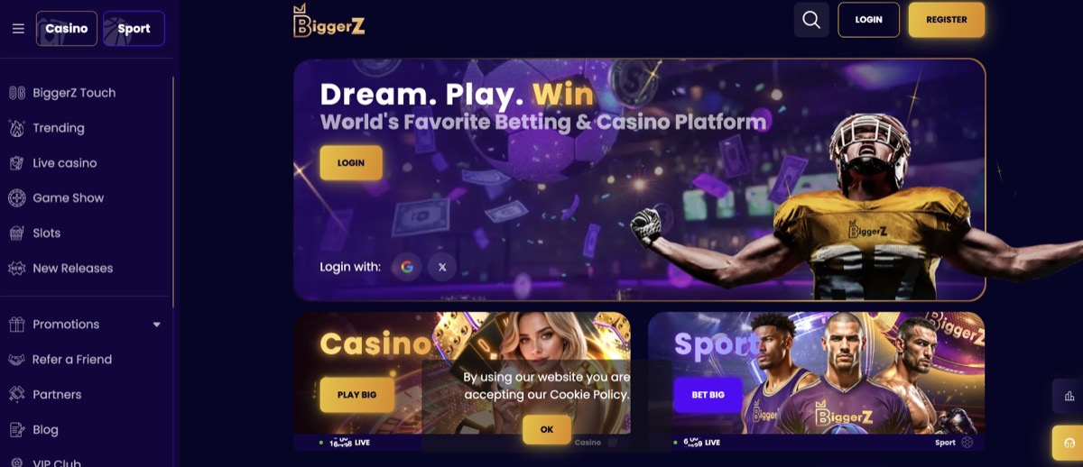 BiggerZ homepage showing Dream Play Win banner and casino categories