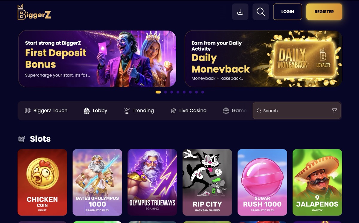 BiggerZ slots lobby with game thumbnails and provider filters
