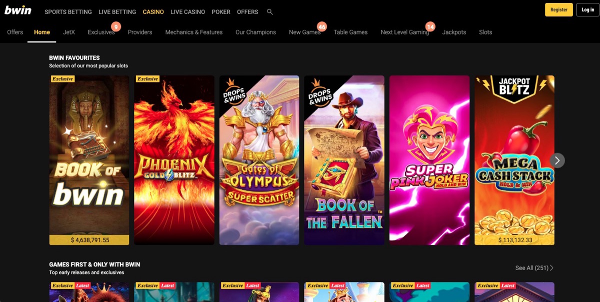 Bwin casino homepage featuring Bwin Favourites, Book of Gold, and Phoenix slots