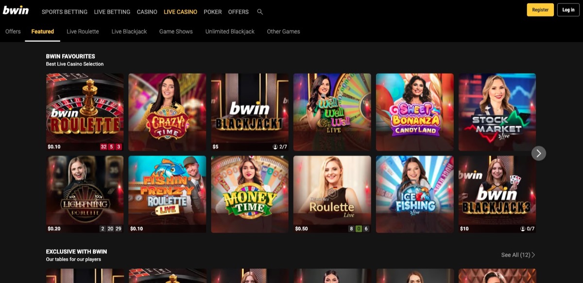 Bwin live casino lobby with Crazy Time, roulette, blackjack, and Bwin exclusive tables