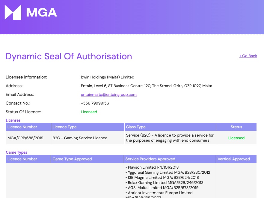 MGA Dynamic Seal confirming bwin Holdings (Malta) Limited license MGA/CRP/688/2019