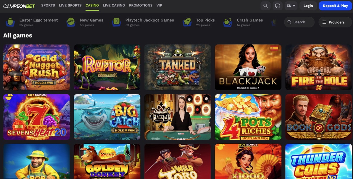 Campeonbet casino slots lobby displaying game tiles including Gold Nugget Rush, Raptor, Tanked, Blackjack, Fire in the Hole, Big Catch, and Thunder Coins