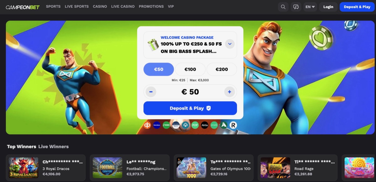 Campeonbet homepage showing the Welcome Casino Package banner with 100% up to €250 and 50 free spins on Big Bass Splash, deposit selector, and Top Winners section