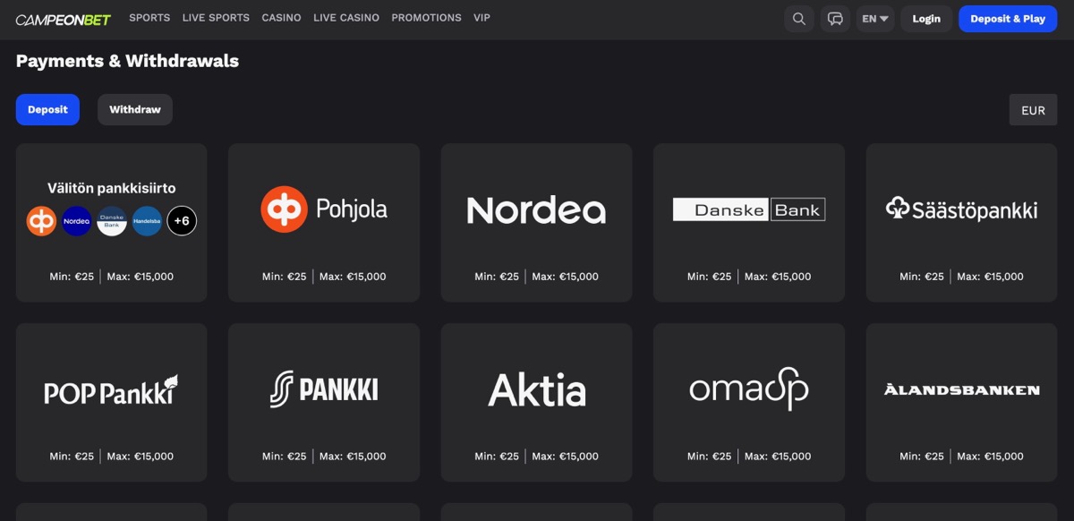 Campeonbet Payments and Withdrawals page showing Finnish bank transfer options including Nordea, Danske Bank, Saastopankki, POP Pankki, Aktia, OmaSP, and Alandsbanken with EUR currency and min €25 deposits