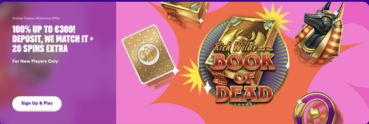 Casumo welcome offer — 100% match up to €300 plus 20 Book of Dead spins