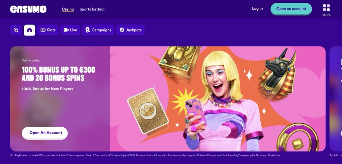 Casumo Casino homepage with 100% up to €300 welcome bonus