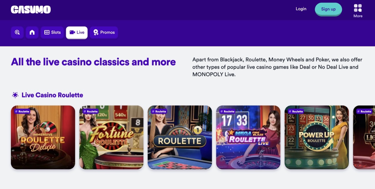Casumo live casino with roulette variants from Evolution