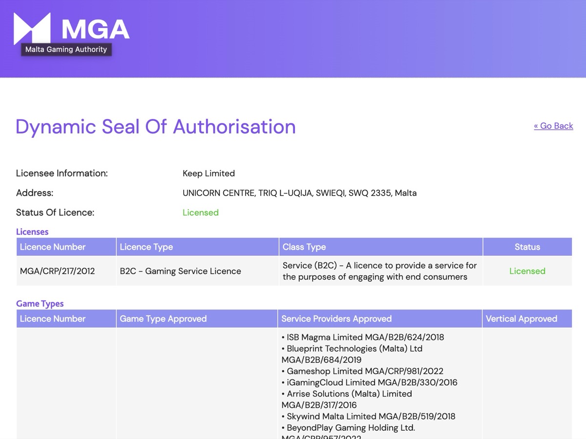 Casumo MGA license — Keep Limited, MGA/CRP/217/2012
