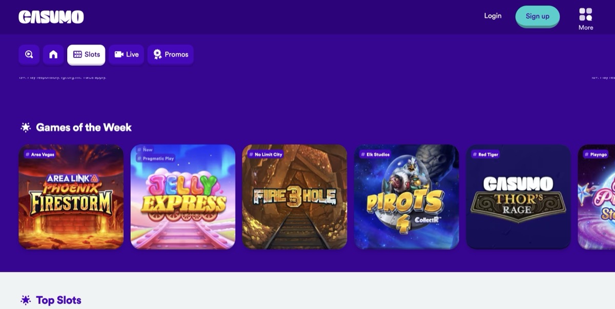 Casumo slots lobby showing Games of the Week featured titles