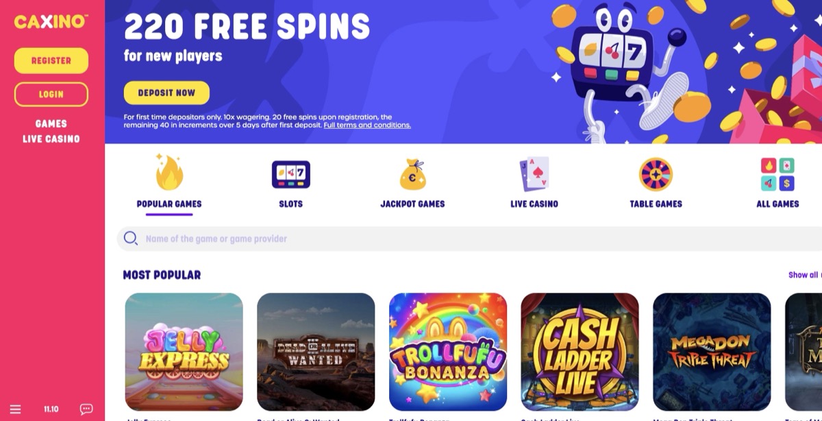 Caxino Casino homepage offering 220 free spins for new players with game category navigation