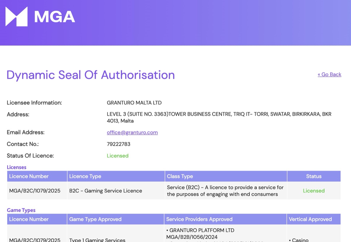MGA Dynamic Seal of Authorisation for Granturo Malta Ltd confirming Caxino B2C gaming license