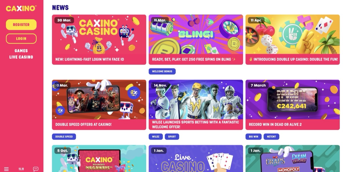 Caxino news page with Face ID login feature, Bling promo, and Double Up Casino announcement
