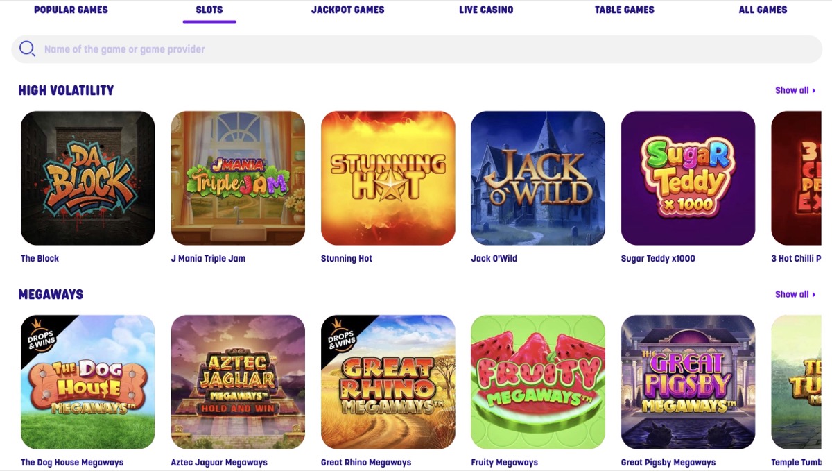 Caxino slots page organized by High Volatility and Megaways categories