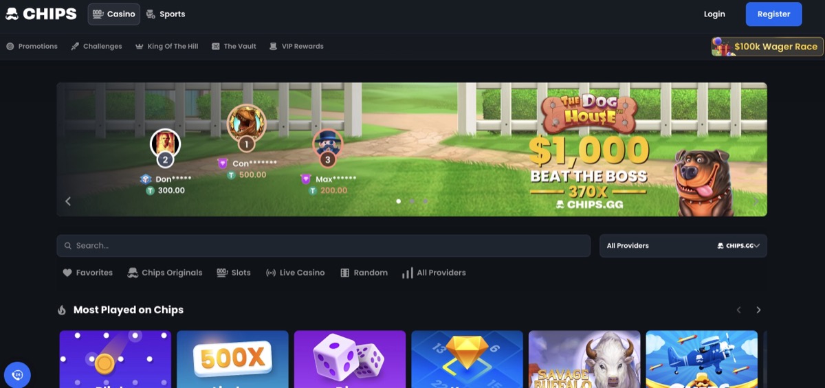 Chips.gg homepage showing $1,000 Beat The Boss challenge and leaderboard