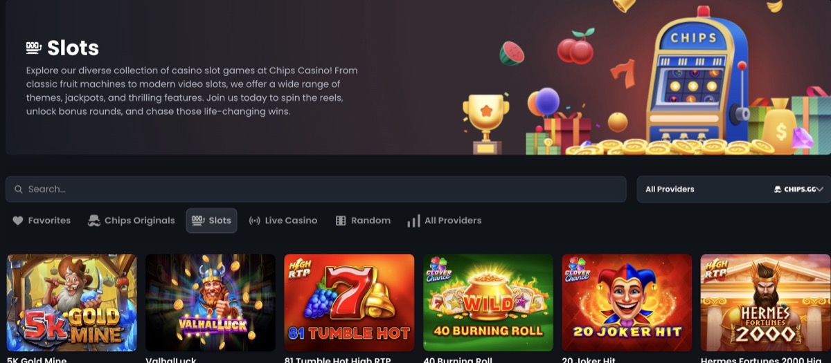Chips.gg slots section showing game thumbnails from multiple providers