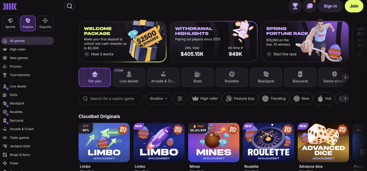 Cloudbet game library showing provider filters and slot categories