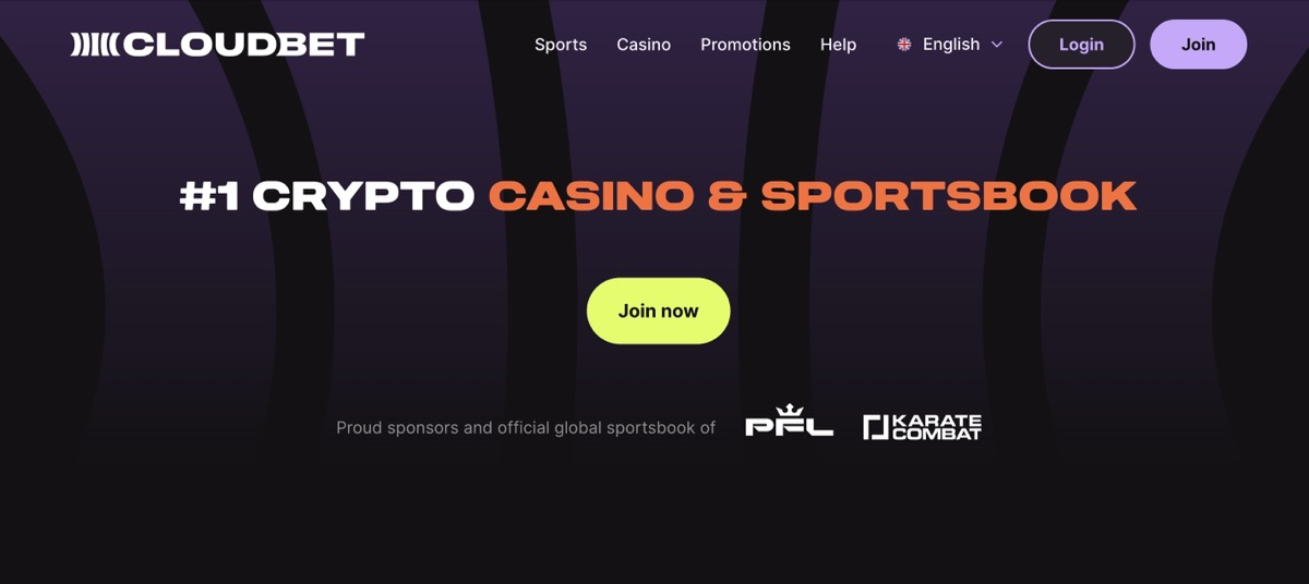 Cloudbet homepage showing the zero-wagering welcome package and sportsbook navigation