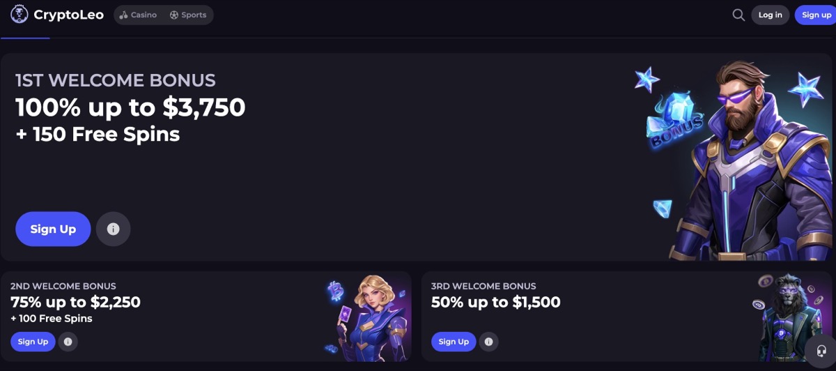 CryptoLeo welcome bonus page showing the 3-deposit package and wagering terms