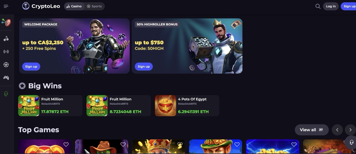 CryptoLeo homepage showing the rakeback system and welcome bonus banner