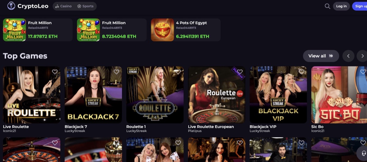 CryptoLeo live casino lobby showing LuckyStreak and Platipus tables