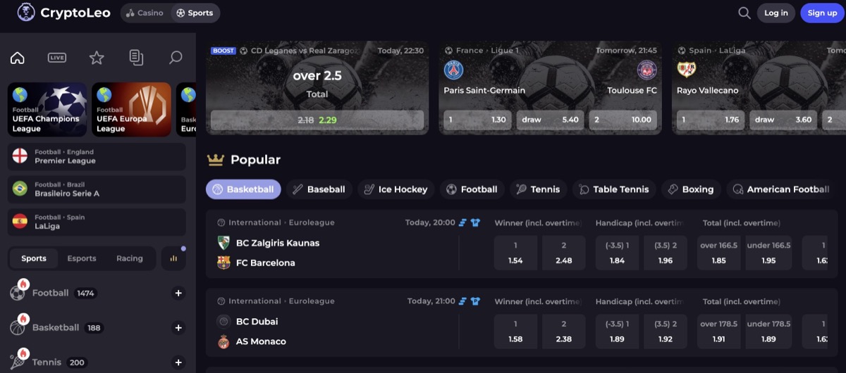 CryptoLeo sportsbook showing live betting events and odds