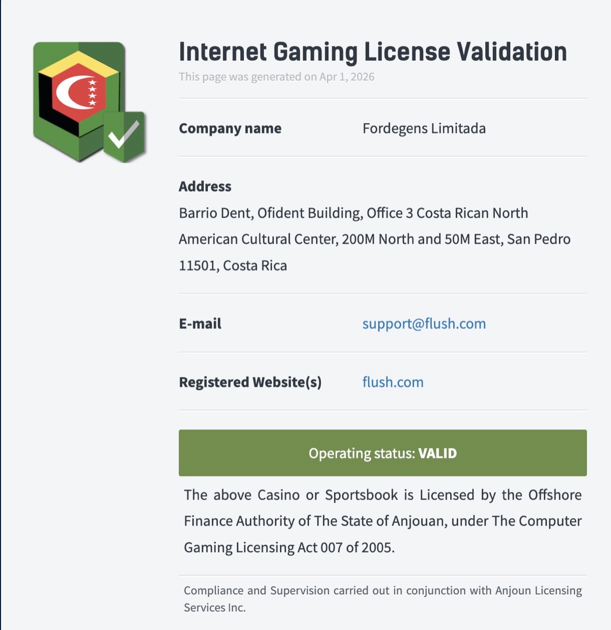 Flush Casino Anjouan license validation page showing Fordegens Limitada as the operator with active status