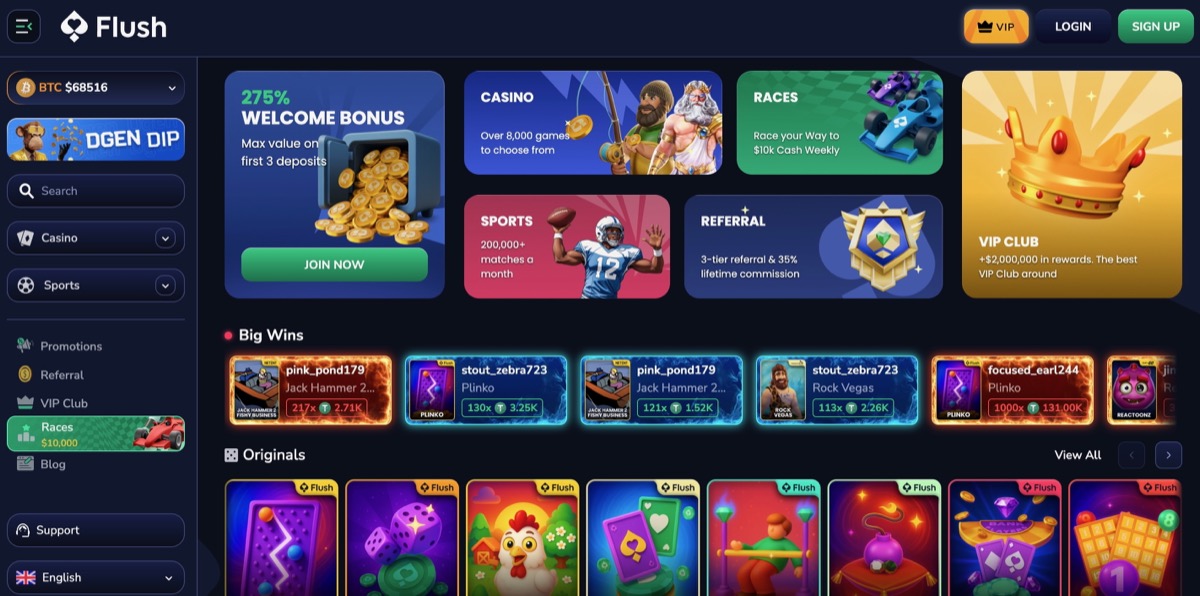 Flush Casino homepage showing the welcome bonus, game categories, and recent big wins