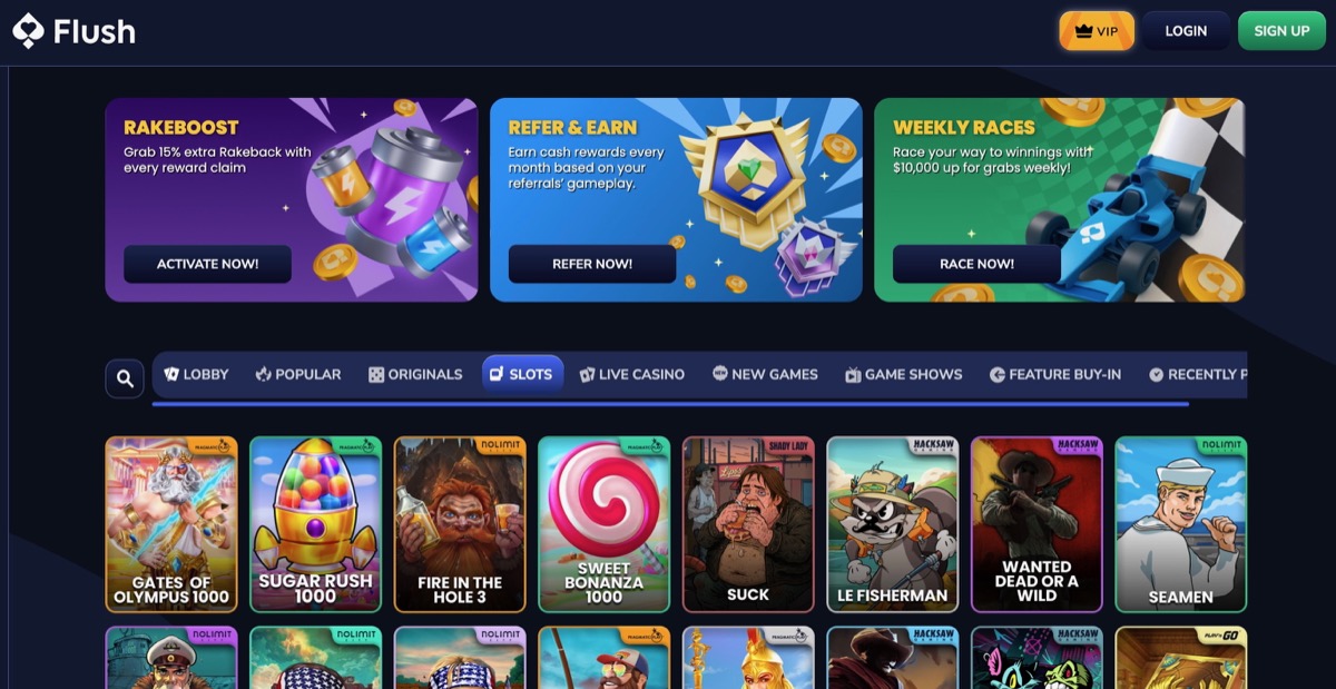 Flush Casino slot lobby with Rakeboost activation banner and featured game tiles