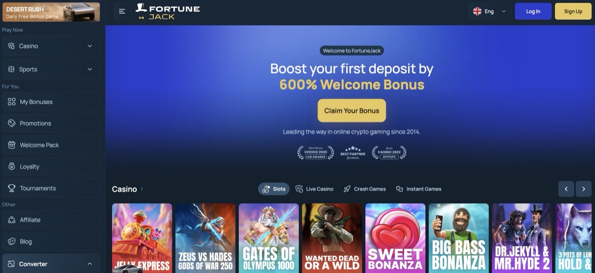 FortuneJack homepage showing the crypto casino lobby and sidebar navigation
