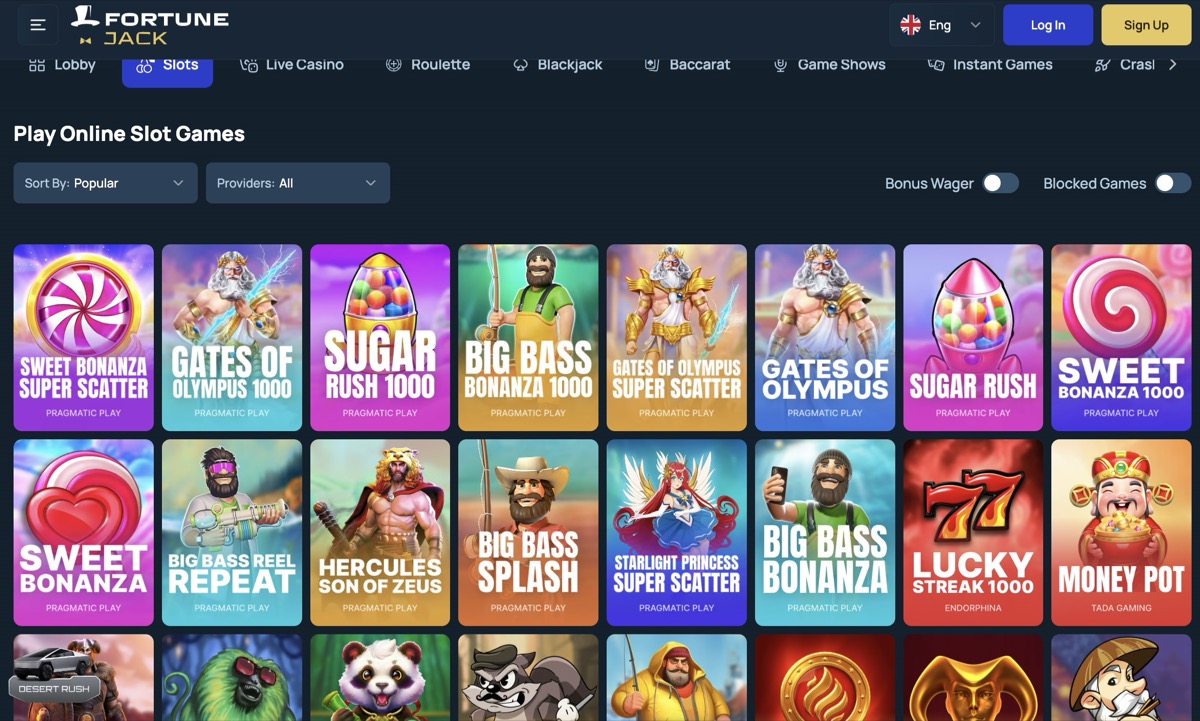 FortuneJack slot lobby with provider filters and game thumbnails