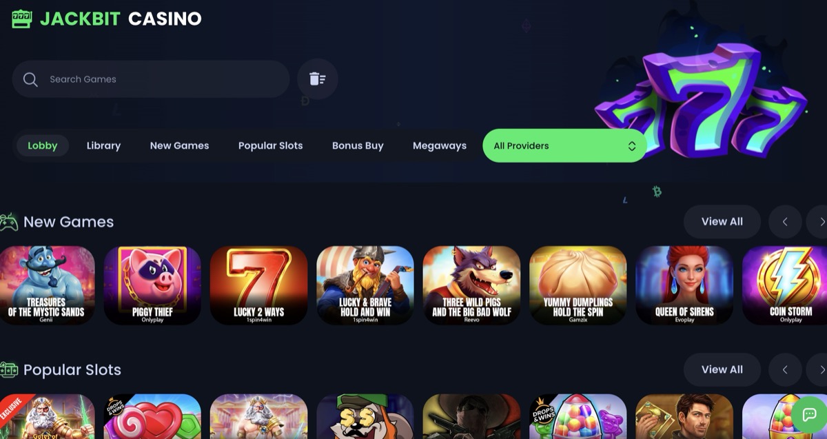 Jackbit game library showing provider filters and slot categories