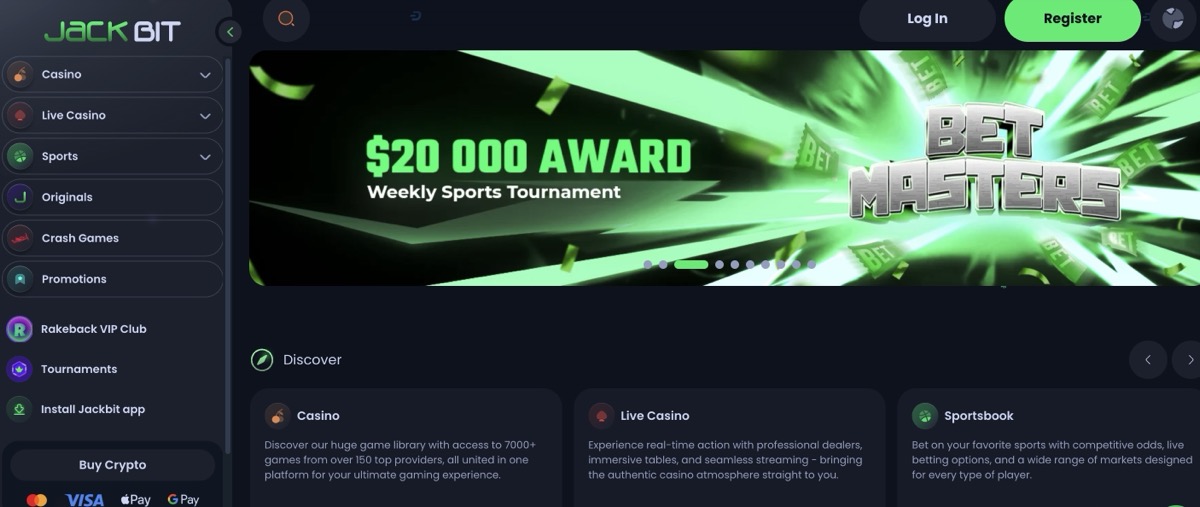 Jackbit homepage showing the welcome bonus and crypto payment options