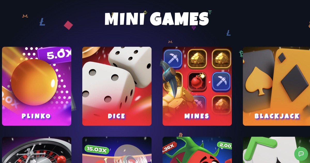Jackbit mini-games section showing Plinko, Dice, Mines, and crash game originals