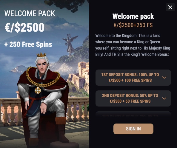 King Billy Welcome Pack popup showing €/$2,500 + 250 FS across four deposits
