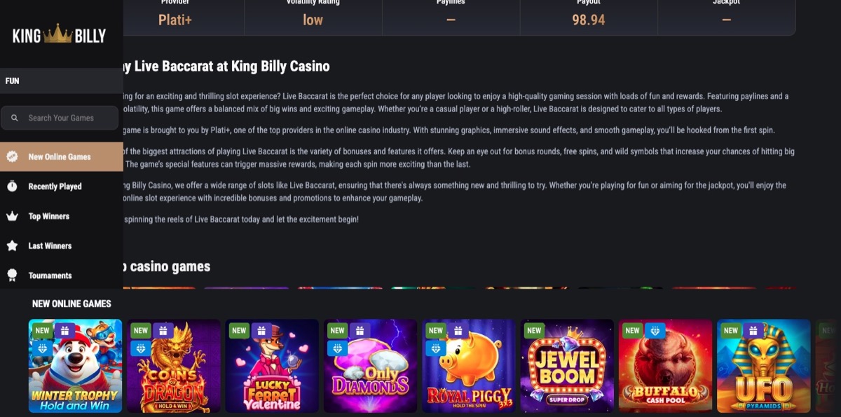 King Billy Casino games section showing the lobby with a Live Baccarat article