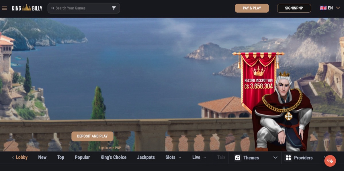 King Billy Casino homepage featuring the castle theme and Record Jackpot Win of C$3,658,304