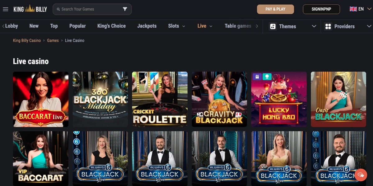 King Billy live casino section with Blackjack, Roulette, and Gravity Blackjack tables