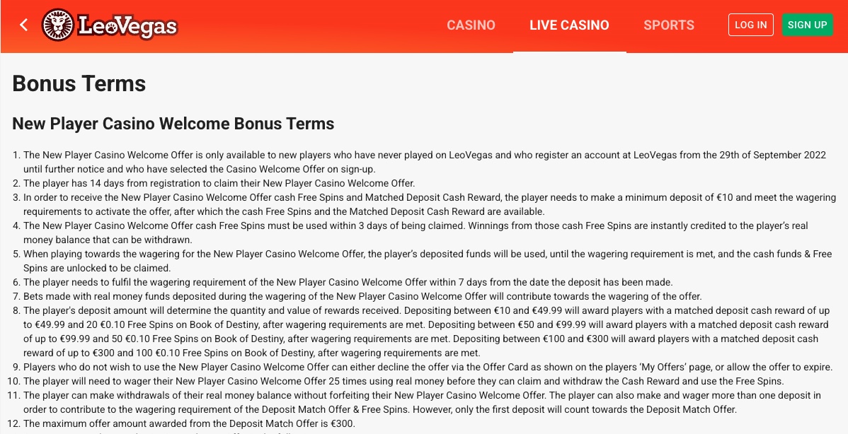 LeoVegas bonus terms page showing €300 + up to 100 Free Spins with 5x wagering and €10 minimum deposit