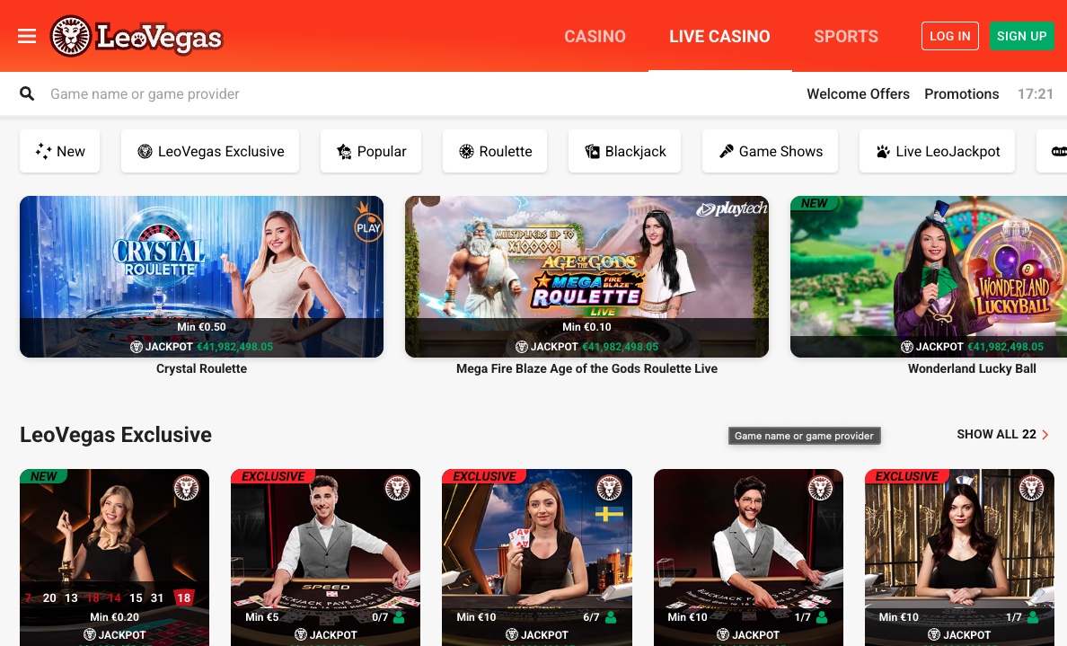LeoVegas live casino lobby with Crystal Roulette and LeoVegas Exclusive tables