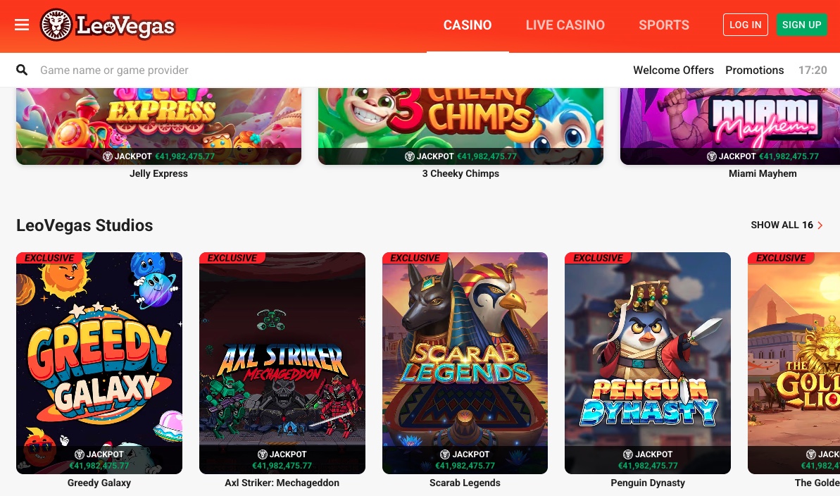 LeoVegas Studios exclusive games section with in-house slot titles