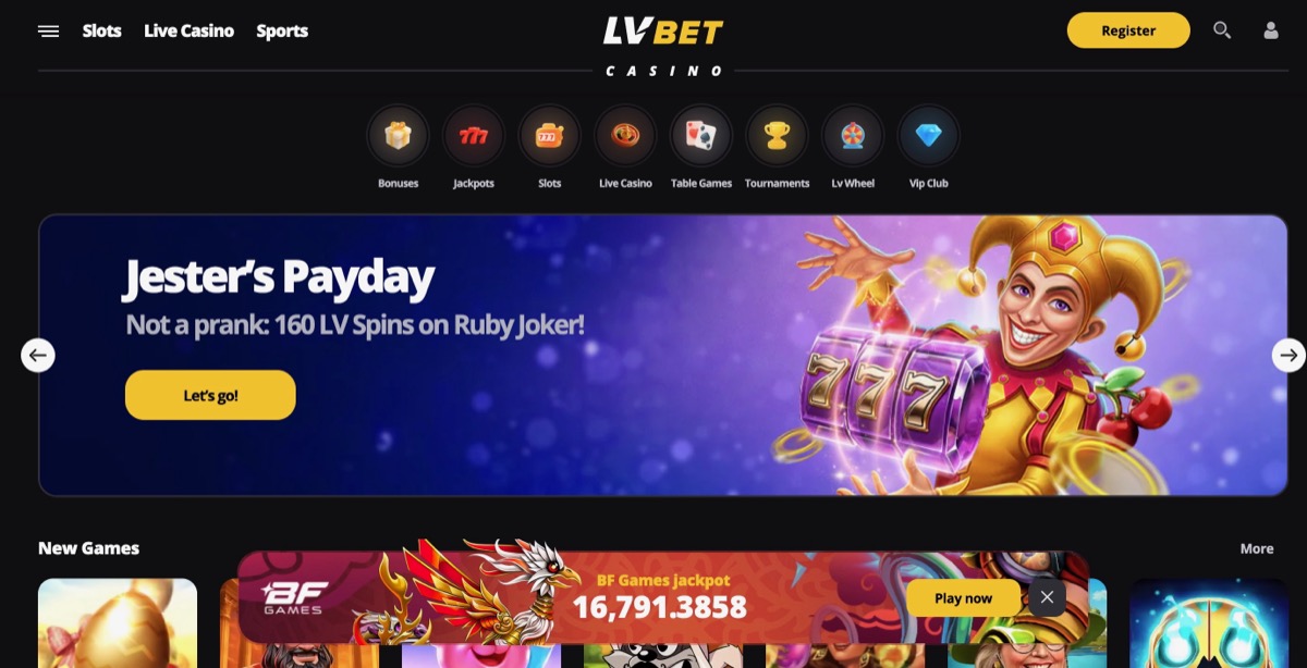 LV BET homepage showing the Jester's Payday promotion, BF Games Jackpot counter, and navigation categories including Slots, Live Casino, Sports, and VIP Club