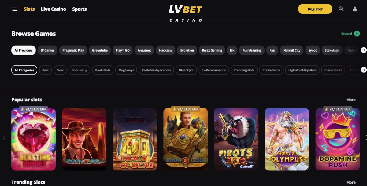 LV BET slots lobby with provider filter tabs for Pragmatic Play, Play'n GO, Hacksaw, NoLimit City, and others, showing popular titles like Legacy of Dead and Book of Gods alongside a jackpot counter at 20,131.77 EUR