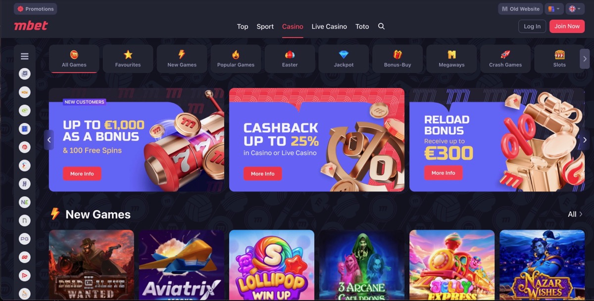 Marathonbet casino section showing game categories, promotions including up to 1,000 EUR bonus with free spins, 25% cashback, and 300 EUR reload bonus alongside new game titles