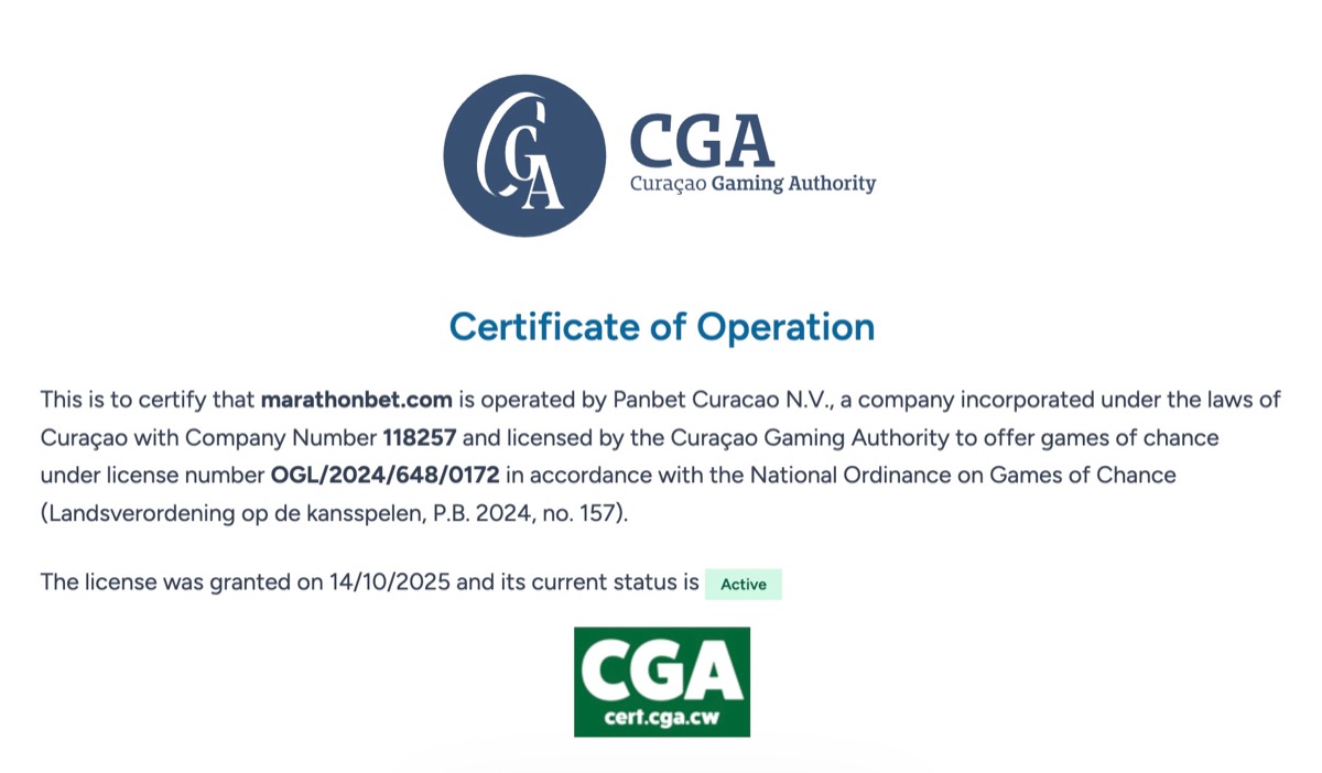 Curaçao Gaming Authority Certificate of Operation for Panbet Curacao N.V. under licence OGL/2024/648/0172, granted 14 October 2025 with active status