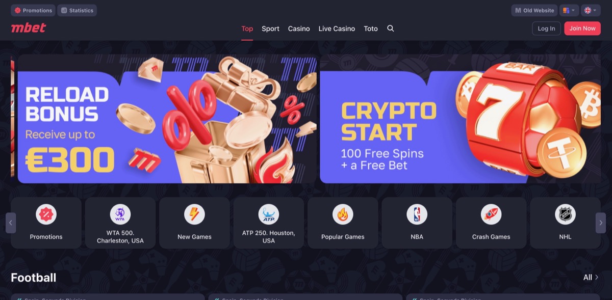Marathonbet (mbet) homepage showing the modern dark purple design with Reload Bonus up to 300 EUR and Crypto Start promotions
